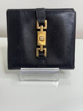 Gucci Vintage Jackie Black Leather Bi-Fold Wallet with Gold Hardware